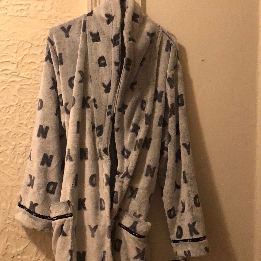 Grey DKNY soft robe with DKNY letters